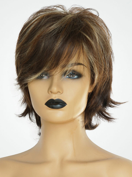 Image of Parrucche per capelli umani marrone scuro evidenziando parrucche per capelli corti per le donne