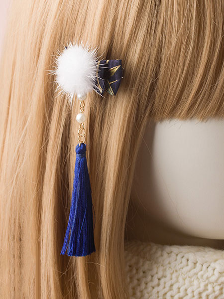 Image of Dolce Lolita Hairpin Pom Pom perla nappa arco blu accessorio per capelli lolita