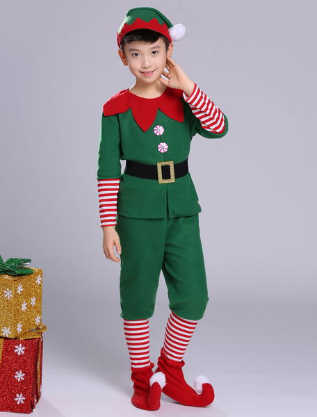 Image of Carnevale Costume da elfo natalizio pantaloni per bambini tuta verde 5 pezzi per i ragazzi Costume Halloween