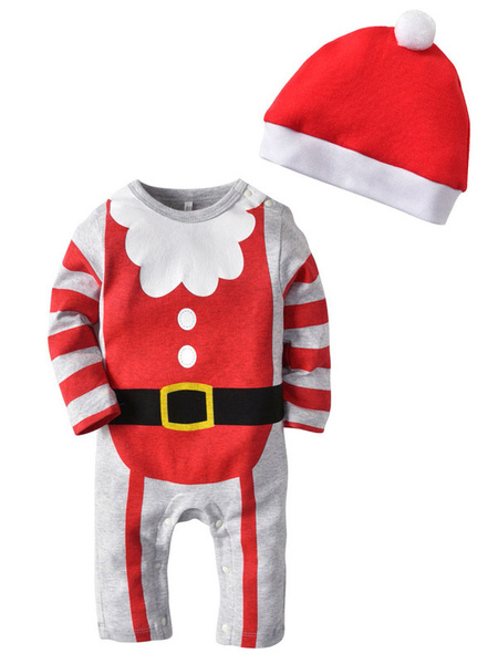 Milanoo Baby Christmas Pajamas Outfits Striped Santa Claus Kids Rompers With Hat Halloween, Red  - buy with discount