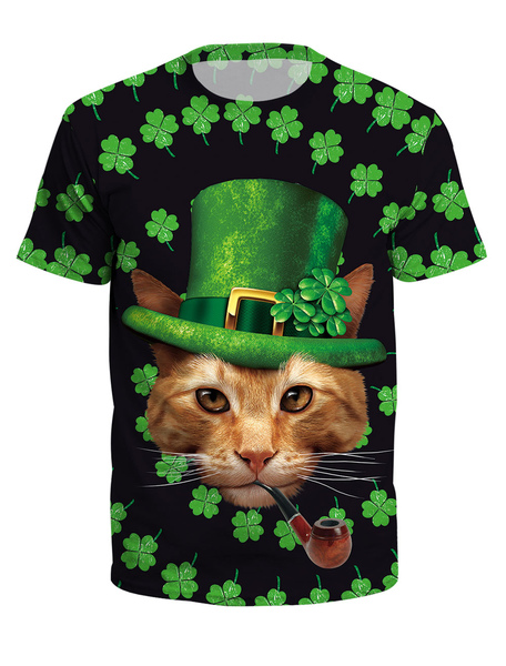 Image of Carnevale T Shirt St Patricks Day Verde 3D Stampa Cat Clover Unisex Irish Top manica corta Costume Halloween