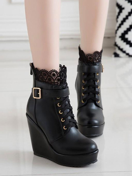 Image of Classico Lolita Boots Lace Buckle Wedge Heel Black Lolita Shoes Scarpe