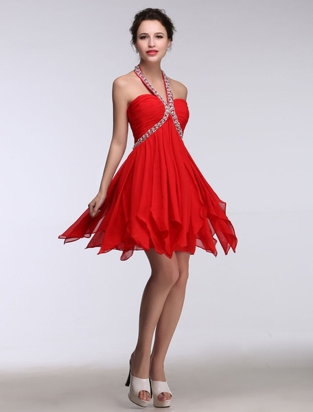 

Red Homecoming Dresses Halter Backless Short Prom Dresses Beading Chiffon Mini Cocktail Dress