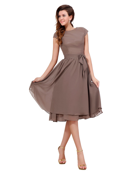 

Chiffon Cocktail Dress Brown Bow Sash Party Dress Round Neck Short Sleeve Knee Length A Line Occasio