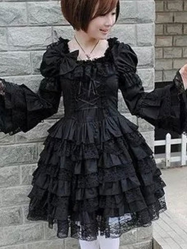 Image of Vestito da Lolita maniche corte gotico cotone nero monocolore