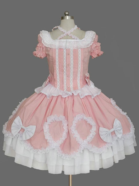 Image of Sweet Lolita Dress rosa Lolita Dress OP breve manica Peplum volant Bow Lolita un pezzo di vestito