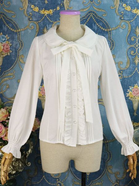 Image of Camicia classica Lolita Camicia Lolita bianca in chiffon con fiocco arricciato