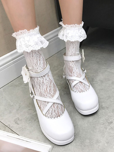 Image of Classic Lolita Shoes Scarpe Strappy Flower Platform Bianco Chunky Heel Lolita Calzeture