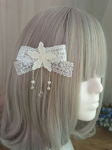 Image of Sweet Lolita Clip per capelli Floral Lace Pearl Ricamato Ecru White Lolita Accessorio per capelli
