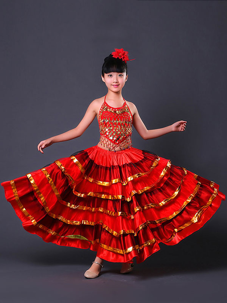 

Milanoo Kids Belly Dance Costumes Flamenco Dress Paso Doble Costumes Spanish Skirt for Girls Carniva, Ture red