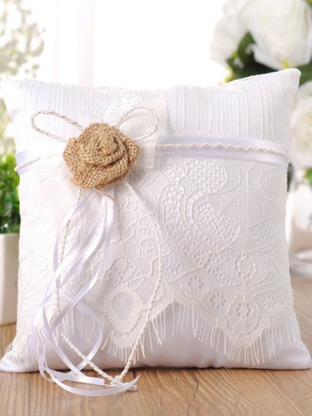 

Milanoo Ring Bearer Pillow Lace Ribbon Bows Wedding Pillows, White