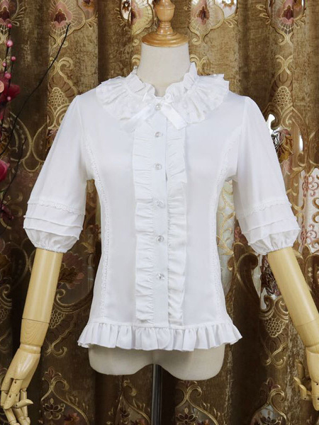 Image of Dolce Lolita Camicia in pizzo con fiocco in chiffon bianco Mezza manica Lolita blusa