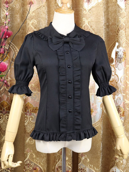 Image of Sweet Lolita Shirt Bow Frill Peter Pan Collar Top in lacca nera mezza manica in chiffon