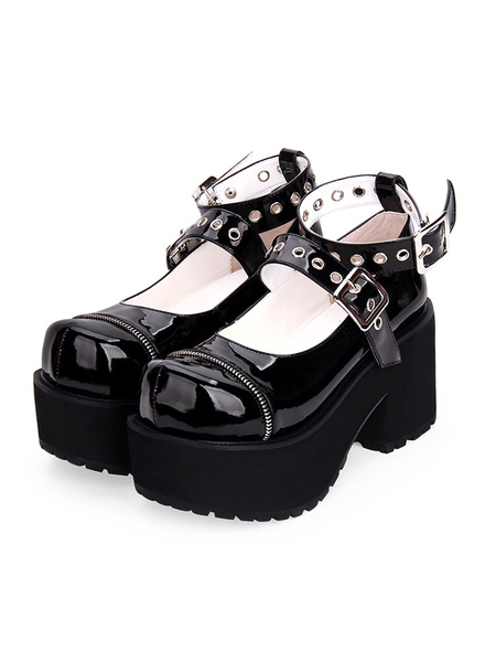 Milanoo Gothic Lolita Pumps Black Platform Chunky Heel Leather Lolita Shoes