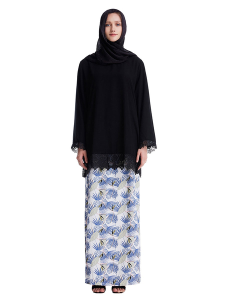 

Milanoo Muslim Arabian Clothing Long Sleeves Printed Lace Hem 2 Piece Outfit, Black;sage;teal