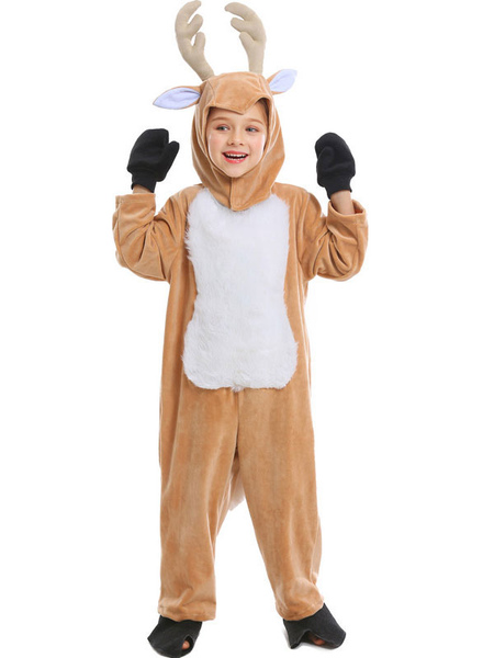 

Milanoo Kigurumi Pajamas Onesie Reindeer Kid' Velour Winter Sleepwear Mascot Animal Halloween Cost, Light brown
