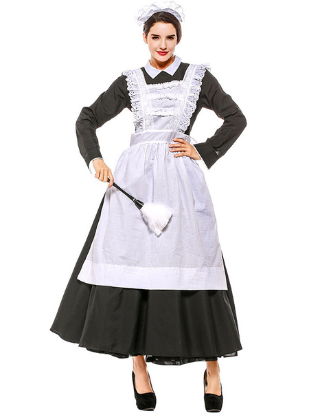 Milanoo Halloween Costumes Woman′s Maid Black Dress Apron Cotton Halloween Holidays Costumes
