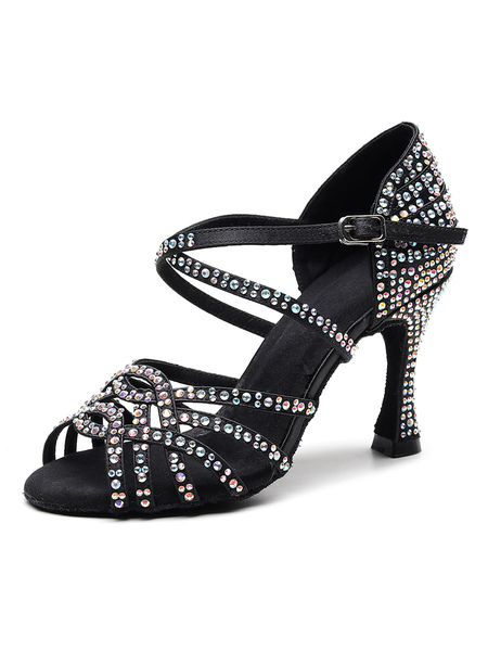 Image of Scarpe da ballo latino personalizzate da donna Scarpe da ballo da sala di lusso con strass in raso nero con punta aperta