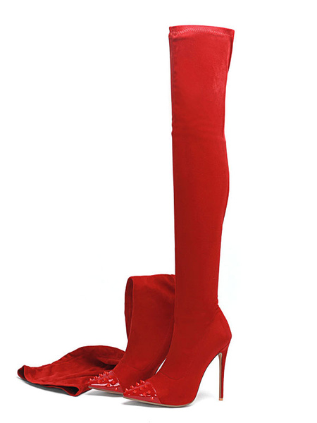

Milanoo Thigh High Boots Womens Micro Suede Rivets Pointed Toe Stiletto Heel Over The Knee Boots, Black;red