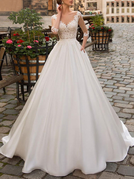

Milanoo wedding dresses 2021 a line v neck half sleeve floor length lace appliqued satin vintage bri, Ivory