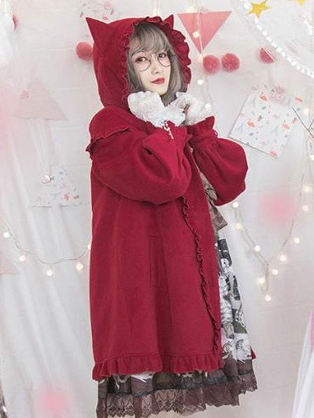Image of Cappotti Sweet Lolita Cappotto sintetico Red Ruffles Capispalla invernali Lolita