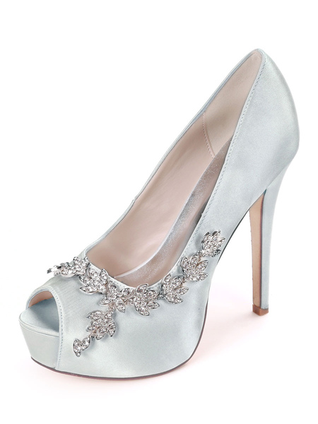 Milanoo Platform Bridal Shoes Wedding Shoes Ivory Satin Rhinestones Peep Toe Stiletto Heel