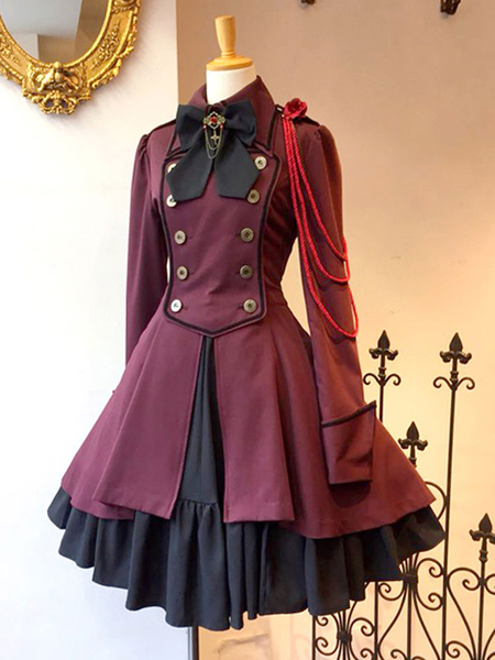 

Milanoo Gothic Lolita Tea Party Dress Long Sleeve Overcoat Lolita Dress, Dark red