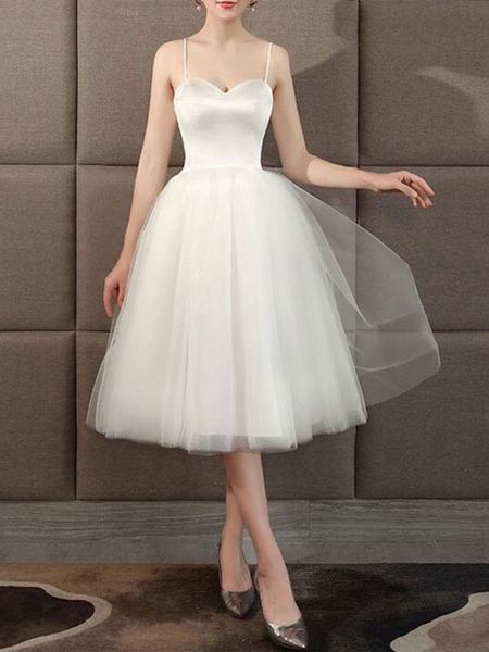 

Milanoo Wedding Dresses Sweetheart Neck Sleeveless A Line Tea Length Short Bridal Dress, Ivory