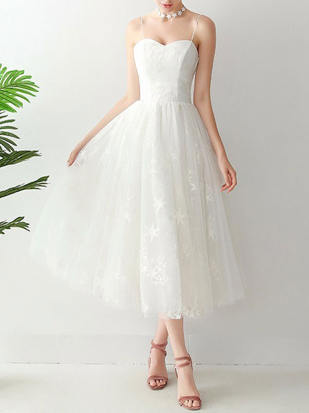 

Milanoo Short Wedding Dress2021 A Line Sweetheart Neck Sleeveless Tea Length Natural Waist Tulle Bri, Ivory