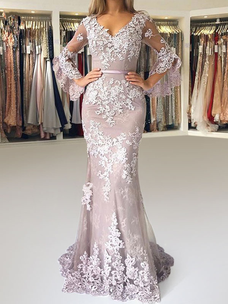Milanoo Evening Dress Mermaid V Neck Long Sleeves Zipper Lace Satin Fabric Formal Party Dresses With, Cameo Pink, Peach  - buy with discount
