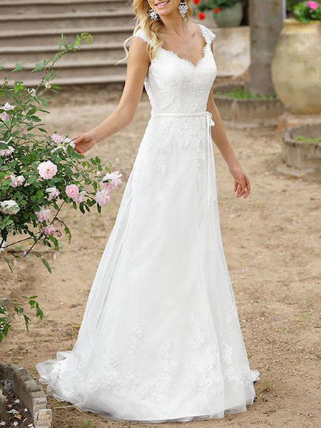 

Milanoo Simple Wedding Dress A Line V Neck Sleeveless Sash Floor Length Bridal Gowns With Train, White