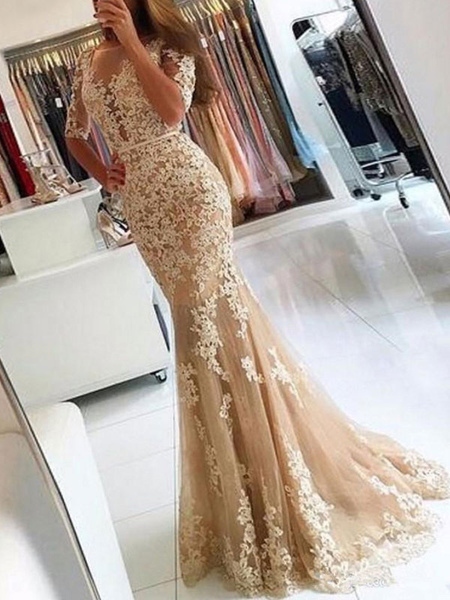 

Milanoo Evening Dress Mermaid Illusion Neckline Lace Applique Formal Party Dresses With Train, Champagne