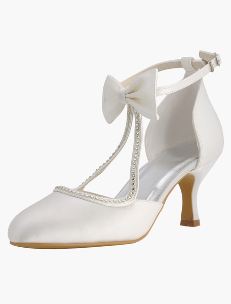 Image of Scarpe da sposa 2024 bianche 2024 Scarpe da sposa con fiocco a punta in raso e scarpe da sposa vintage