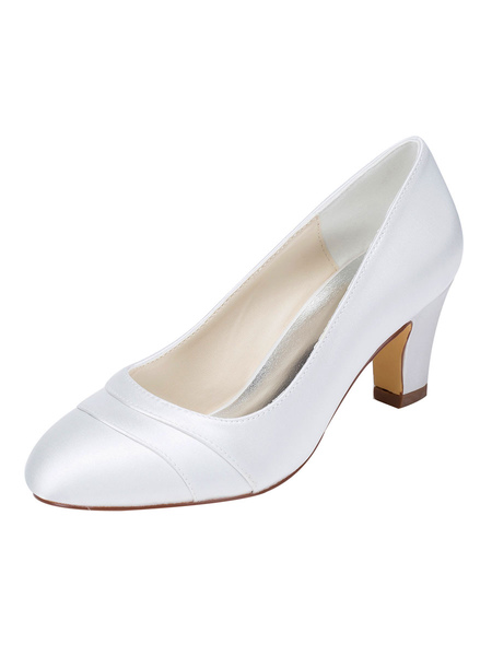 Women′s Chunky Heel Bridal Shoes Round Toe Pumps