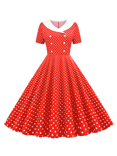 

Milanoo Vintage Dress 1950s V-Neck Pleated Layered Short Sleeves Woman' Knee Length Polka Dot Swin, Red;pink;blue;light sky blue