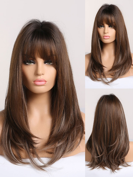 Image of Parrucca lunga per donna marrone scuro con frangia / frange Rayon parrucche sintetiche a strati chic