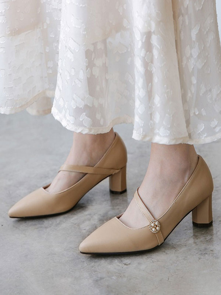 

Milanoo Women's Mid-Low Heels Elegant Pointed Toe Chunky Heel Pumps in Apricot, Apricot;ecru white;black