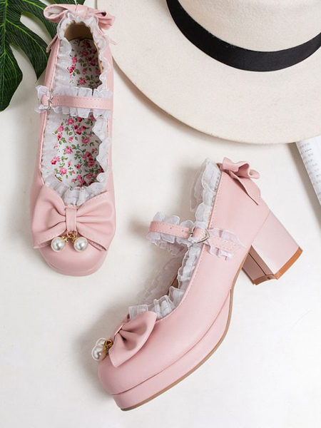 

Milanoo Sweet Lolita Pumps Pink Bows Lace Round Toe Leather Lolita Shoes, Pink;black;ecru white