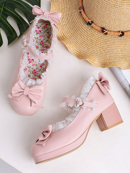 Sweet Lolita Footwear Pink Bows Leather Chunky Heel Lolita Pumps