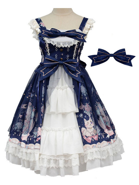 Image of Sweet Lolita JSK Dress Neverland Print Open Front Bows Ruffles Lolita Gonne jumper