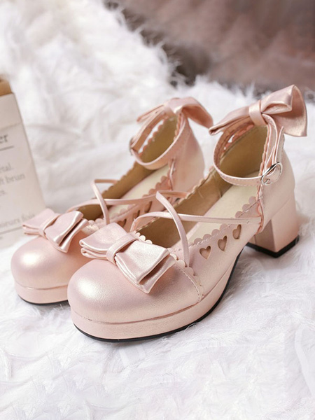 

Milanoo Sweet Lolita Footwear Bows Heart Hollow Out Leather Chunky Heel Lolita Shoes, Red;pink;blue;black;light gold