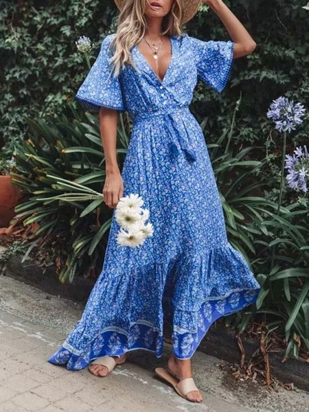 

Milanoo Boho Dress V Neck Short Sleeves Printed Beach Dress, Aqua;royal blue