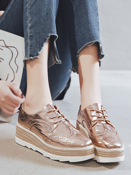 Women′s Gold Lace Up Wingtip Brogues Platform Oxfords Casual Shoes