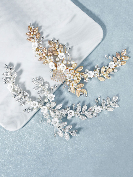 

Milanoo Handmade Flower Leaves Rhinestone Wedding Headpiece Comb Metal Bridal Hair Accessories, Silver;blond