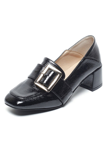 

Milanoo Block Heel Loafers Black Leather Square Toe Buckle Slip On Shoes, Ecru white;black;camel