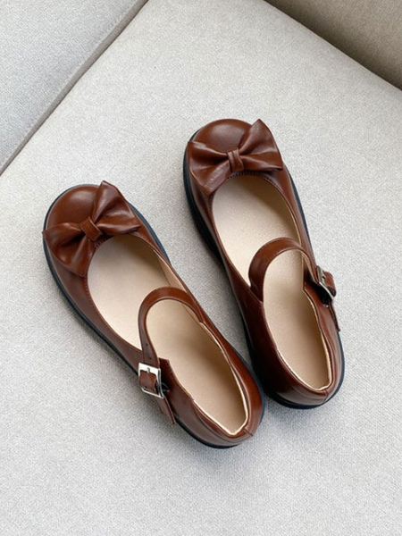 

Milanoo Lolita Footwear Bows Flat Leather Lolita Pumps Shoes, Black;coffee brown;burgundy