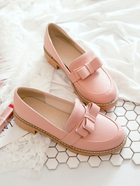 

Milanoo Lolita Pumps Footwear Bows Round Toe Leather Lolita Shoes, Light sky blue;pink;ecru white