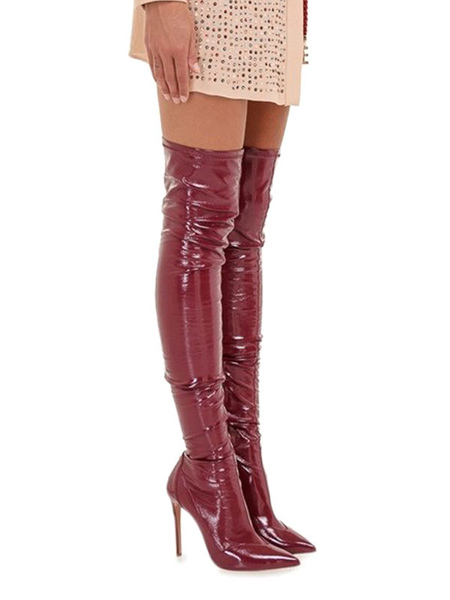 

Milanoo Over The Knee Boots Burgundy Pointed Toe Winter Boots For Women