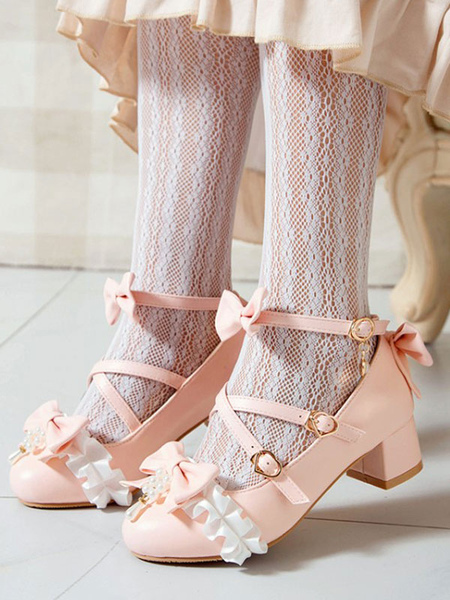 

Milanoo Sweet Lolita Pumps Bows Ruched Leather Chunky Heel Lolita Shoes, Ecru white;white;pink