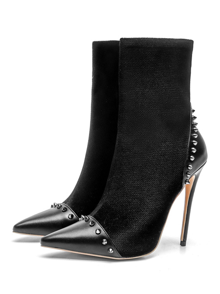 

Milanoo Women Ankle Boots Black Leather Pointed Toe Rivets Stiletto Heel High Heel Booties